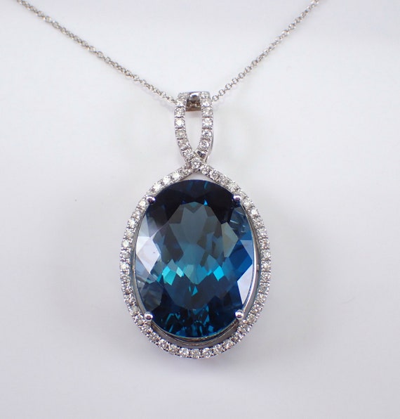 Large 17ct London Blue Topaz and Diamond Necklace - 14K White Gold Gemstone Pendant Slide - December Birthstone Jewelry Gift