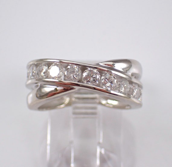 Genuine Diamond Wedding Ring - 14K White Gold Crossover Anniversary Band - Stacking Bypass Bridal Jewelry Gift