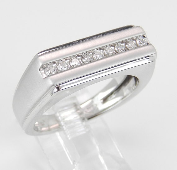 Mens White Gold Diamond Wedding Ring - Stackable Anniversary Band - Bridal Fine Jewelry Gift for Him