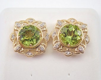 Peridot and Diamond Stud Earrings - Yellow Gold Halo Jacket Set Studs - August Birthstone Fine Jewelry Gift
