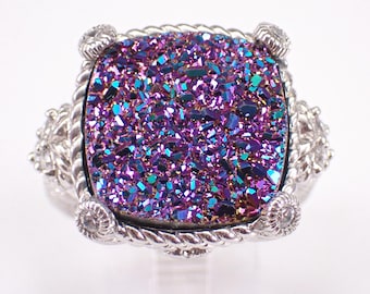 Vintage Sterling Silver Judith Ripka Ring - Estate Unique Purple Druzy and CZ Band - Wide Chunky Braided Design Jewelry