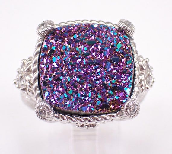 Vintage Sterling Silver Judith Ripka Ring - Estate Unique Purple Druzy and CZ Band - Wide Chunky Braided Design Jewelry