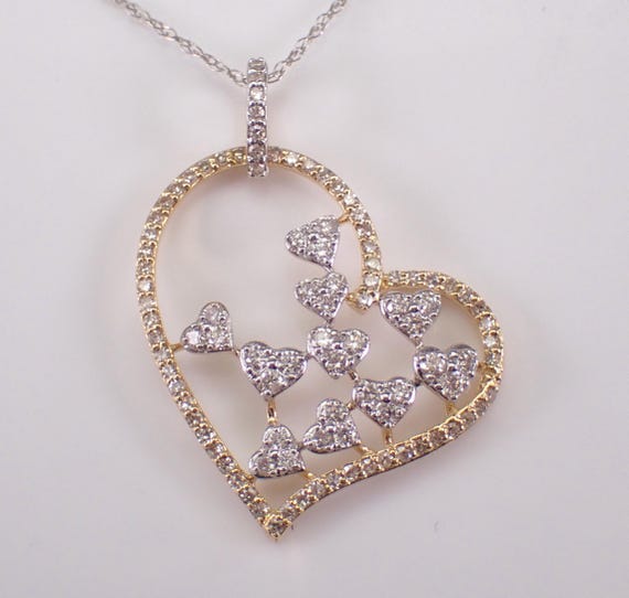 14K Two Tone Gold Diamond Heart Pendant and Chain: White and Yellow Gold Cluster Charm Necklace