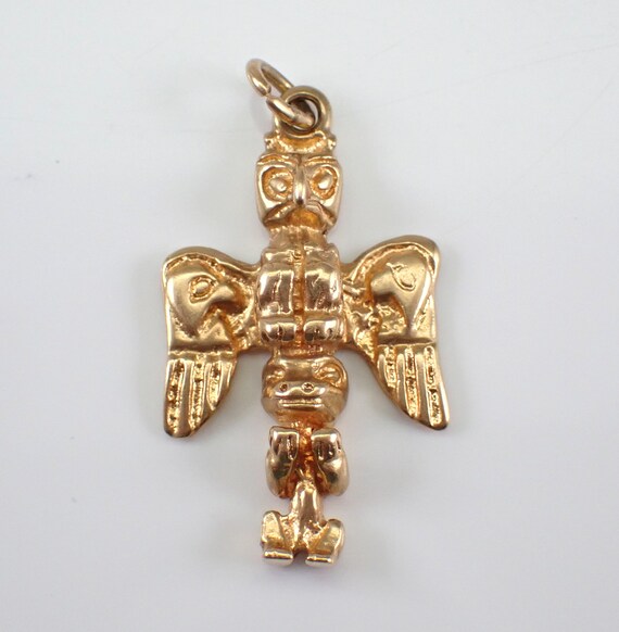 Vintage 14K Yellow Gold Totem Pole Charm Pendant - Estate Aztec Peruvian Mayan Inca Drop for Necklace or Bracelet