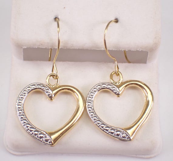 Estate Yellow Gold Dangle Heart Earrings: Two Toned Gold Charm on Kidney Wire Hook