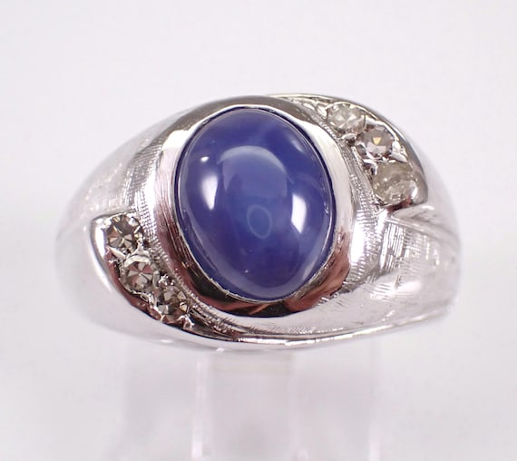 14K White Gold Star Sapphire Ring - Estate Vintage Diamond Set Pinky Band - Unique 70s Fine Jewelry Gift