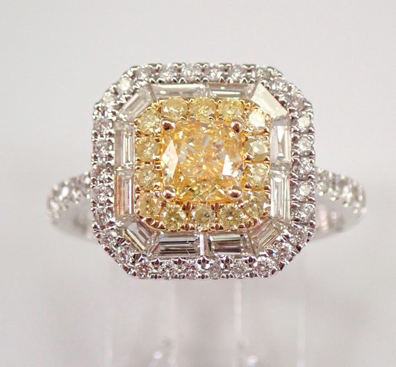 Cushion Cut Canary Diamond Halo Engagement Ring, 14k White Gold Colored Yellow Diamond Bridal Ring Size 7