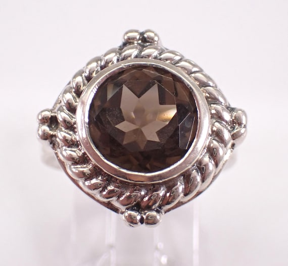 Sterling Silver Smokey Topaz Ring - Vintage Gemstone Solitaire Band - Estate Bridal Promise Jewelry