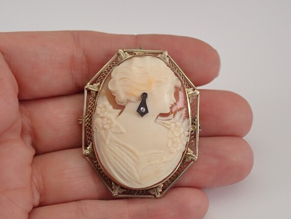 Antique 14K White Gold Cameo Brooch, Vintage Diam… - image 5