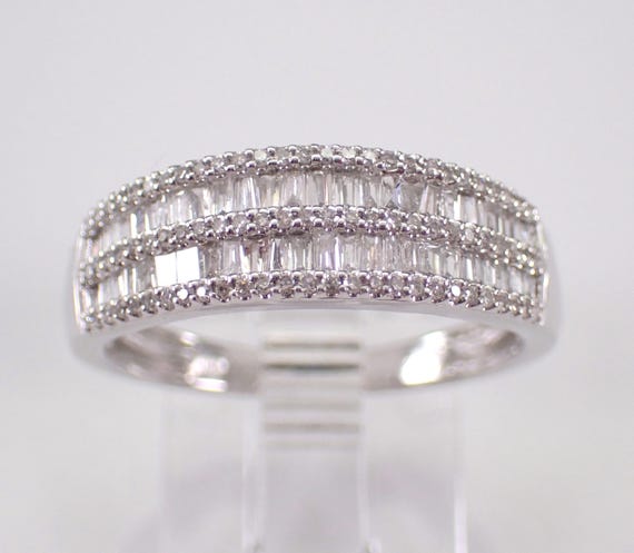 White Gold Diamond Wedding Ring - Double Row Baguette Anniversary Band - GalaxyGems Bridal Fine Jewelry Gift