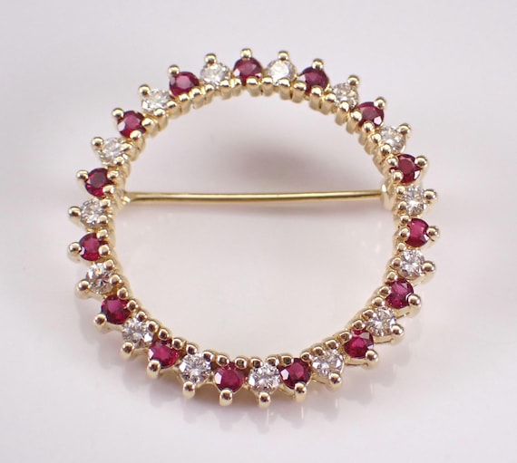 Vintage 18K Yellow Gold Ruby and Diamond Brooch, Unique Simple Estate Circle Pin, Red Gemstone Fine Jewelry Gift