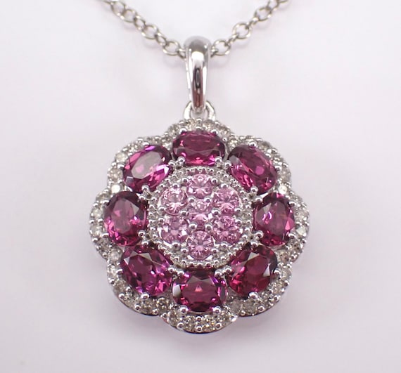 14K White Gold Pink Sapphire and Garnet Necklace - Diamond Cluster Flower Charm Pendant and Chain - GalaxyGems Gemstone Fine Jewelry
