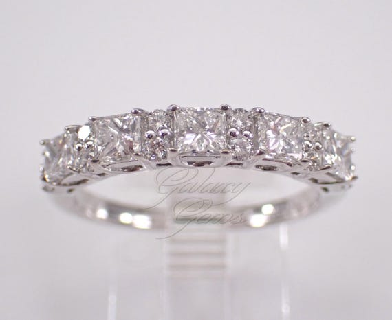 14K White Gold Diamond Wedding Ring: Square Princess Cut Stackable Anniversary Band