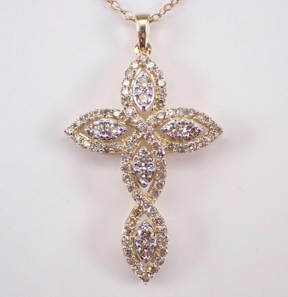 Yellow Gold Diamond Cross Pendant and Chain: Large Religious Charm Necklace