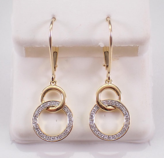 Yellow Gold Diamond Dangle Earrings - Dainty Interlocking Circle Design - Perfect Anniversary or Birthday Gift