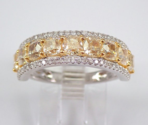 3 ct Canary Cushion Cut Diamond Wedding Ring - 18K White Gold Stackable Anniversary Band - Yellow Fancy Diamond Jewelry