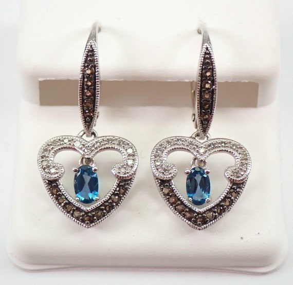 Blue Topaz Heart Dangle Earrings - 14K White Gold Gemstone Jewelry - Diamond and Smokey Quartz Leverback Setting