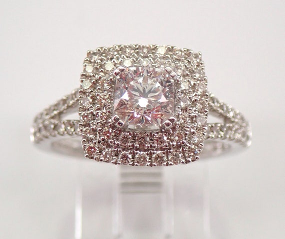 14K White Gold Diamond Engagement Ring - Double Halo Radiant Cut Setting - Unique Bridal Fine Jewelry Gift