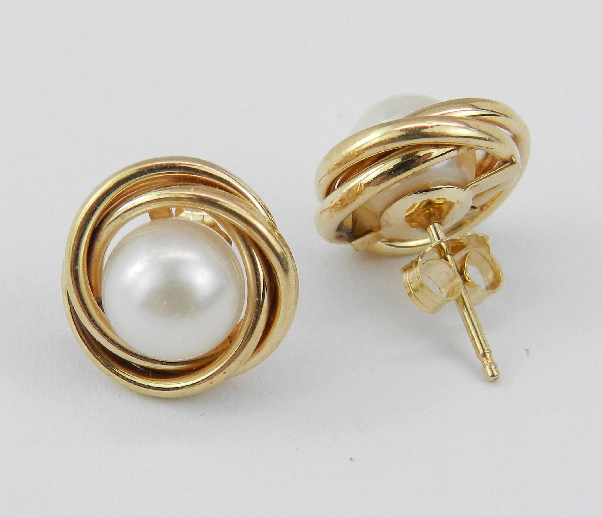 Pearl Halo Stud Earrings 14K Yellow Gold June Birthstone Wedding Studs