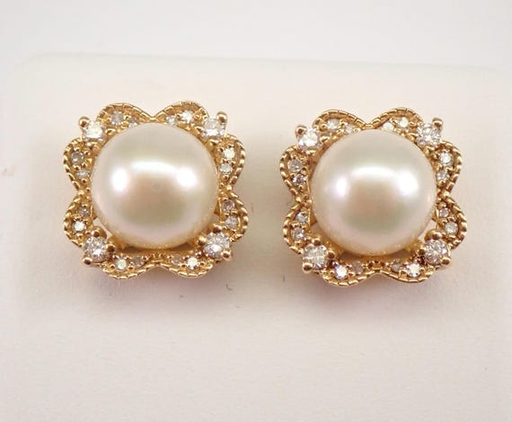 Pearl and Diamond Halo Stud Earrings - Yellow Gold Fine Jewelry Gift - June Birthstone Gemstone Studs