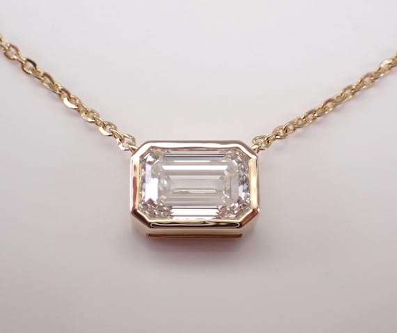 14K Yellow Gold 2ct LAB Grown Diamond Solitaire Pendant: Emerald Cut Station Charm Necklace