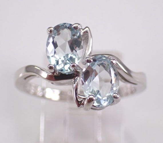 Vintage 14K White Gold Aquamarine Pinky Ring: Two Stone Estate Aqua Bypass Band