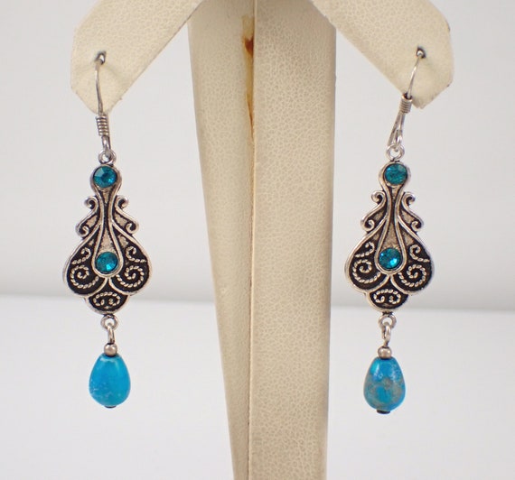 Vintage Silver Turquoise Bohemian Earrings, Sterling Boho Gypsy Earrings, Blue Gemstone Ornate Artisan Anniversary Gift