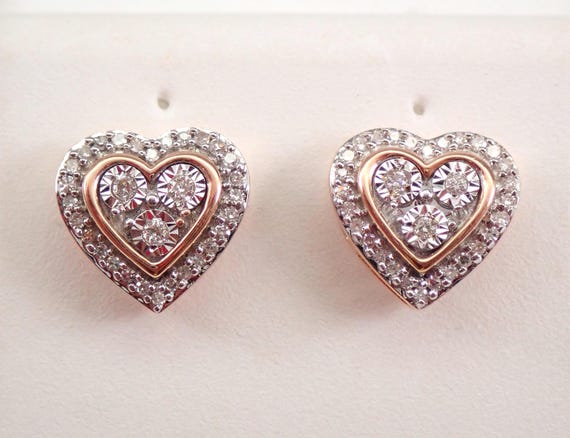 Rose Gold Diamond Heart Earrings - Dainty Halo Cluster Studs - Small Birthday Fine Jewelry Gift