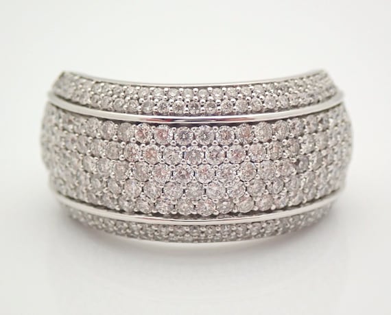 14K White Gold Diamond Wedding Ring - Chunky Pave Anniversary Band - Unique Right Hand Jewelry Gift