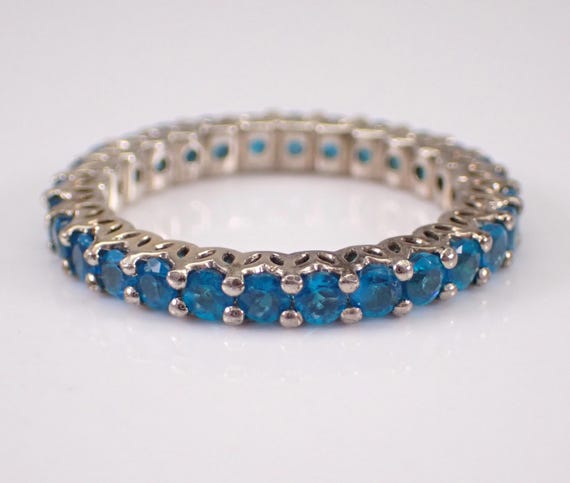 Sterling Silver Blue Stone Eternity Ring, Dainty Wedding Anniversary Band - Vintage Estate Bridal Jewelry Gift