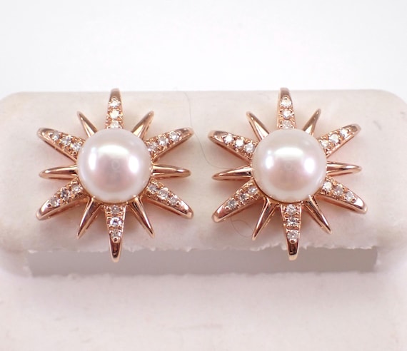 Rose Gold Pearl Earrings - Diamond Halo Studs - June Birthday Snowflake Motif - GalaxyGems Jewelry Gift