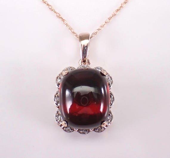Rose Gold Garnet Pendant and Chain - Diamond Halo Charm Necklace - January Birthstone Jewelry Gift Idea