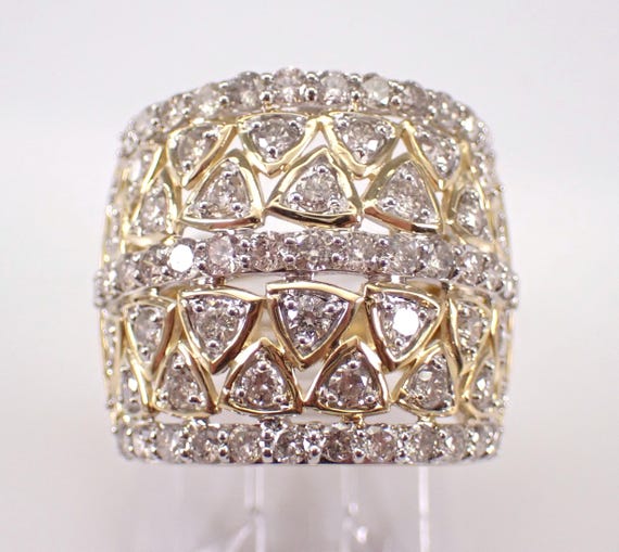 Yellow Gold Diamond Anniversary Ring, Multi Row Wide Cigar Band, Unique Bridal Wedding Fine Jewelry Gift