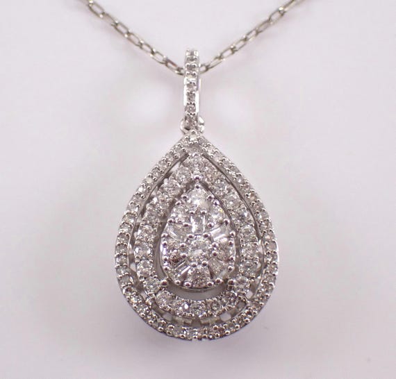 White Gold Diamond Pendant and Chain: Teardrop Cluster Charm Necklace