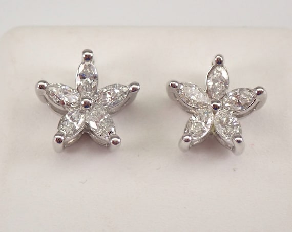 Star Shape Diamond Stud Earrings - 14k White Gold Flower Cluster Studs - Secure Screw Back Fine Jewelry