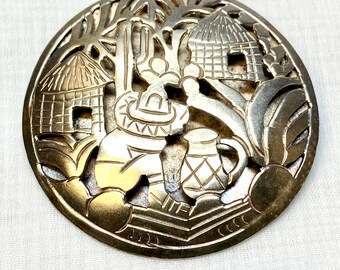 Vintage Sterling Silver Brooch, Aztec Artisan Cutout Pendant