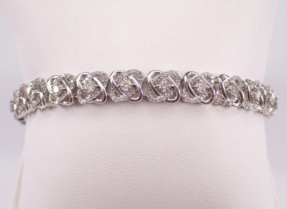 White Gold Diamond Tennis Bracelet, Flower Infinity Cluster Link, Unique Anniversary Jewelry Present