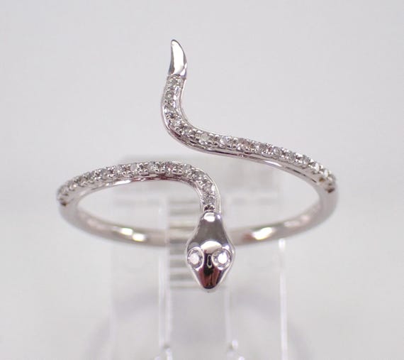White Gold Diamond Snake Ring - Dainty Serpent Wrapround Band - GalaxyGems Animal Fine Jewelry Gift