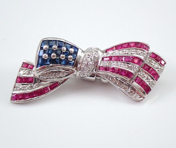 Diamond Sapphire and Ruby Brooch - Patriotic AMERICAN FLAG Ribbon Bow Tie Pin - 14k White Gold USA Pride Jewelry