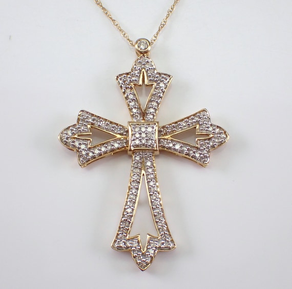 Large Diamond Cross Pendant and Chain - Yellow Gold Choker Slide Necklace - Unique Religious Fine Jewelry Gift