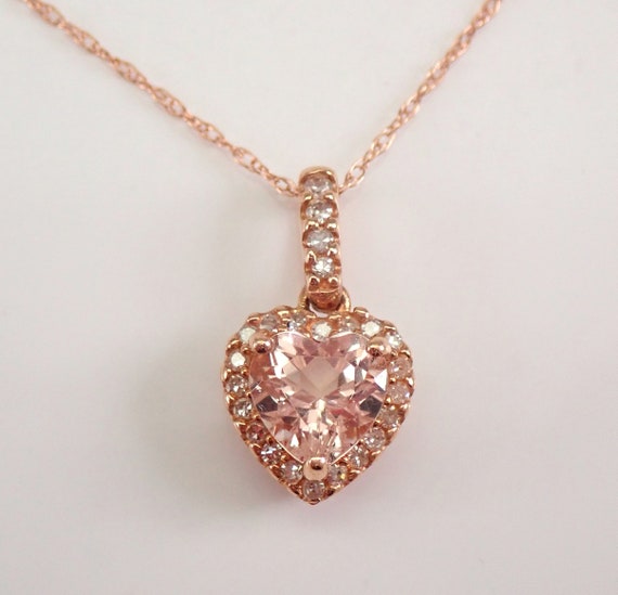 Morganite and Diamond Heart Pendant - Solid Rose Gold Halo Necklace - Genuine Pink Gemstone Jewelry