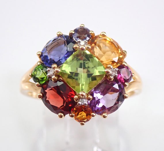 14K Yellow Gold Multi Color Gemstone Ring: Diamond Peridot Amethyst Garnet Citrine Tanzanite Setting