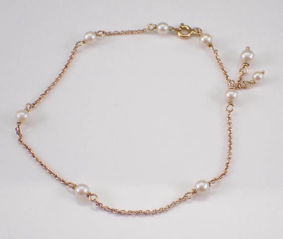 Vintage 14K Yellow Gold Pearl Bracelet - Dainty Tin Cup Strand Link with Dangle Charm
