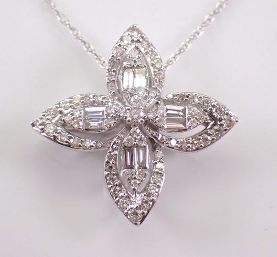 White Gold Diamond Charm Pendant and Chain: Clover Cluster Snowflake Necklace