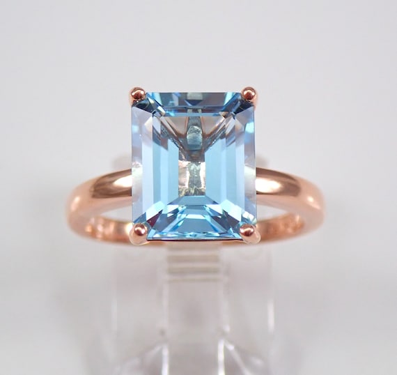 5 ct Emerald Cut Blue Topaz Ring, Gemstone Solitaire Engagement Ring,  Solid Rose Gold Birthstone Right Hand Ring for Her