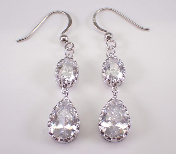 Sterling Silver Cubic Zirconia Earrings - 80s Vintage Teardrop Dangle Drop - Unique Estate Jewelry Gift