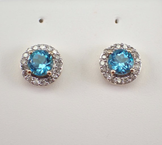 Blue Topaz and Diamond Halo Earrings - Yellow Gold Gemstone Studs - December Birthstone Jewelry Gift