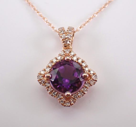 14K Rose Gold Amethyst Pendant and Chain - Diamond Halo Choker Charm Necklace - February Gemstone Fine Jewelry Gift