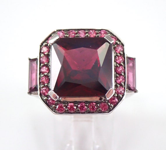 White Gold Rhodolite Garnet Ring, Square Gemstone Halo Setting, January Birthstone Jewelry Gift