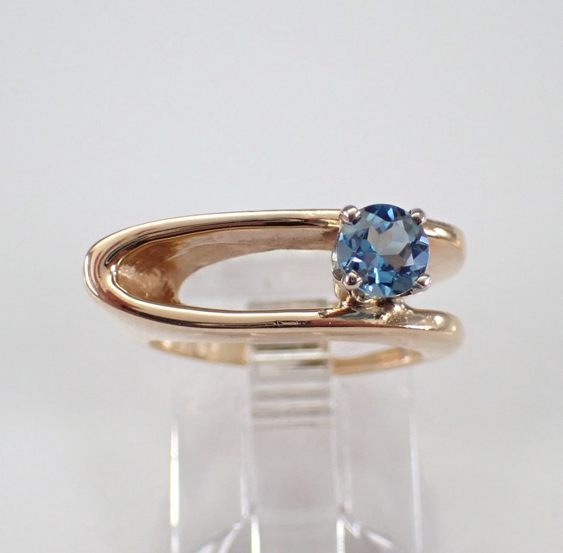 80s Vintage Blue Topaz Pinky Ring - 14K Yellow Gold Solitaire Setting - Unique Gemstone Fine Jewelry Gift image 1